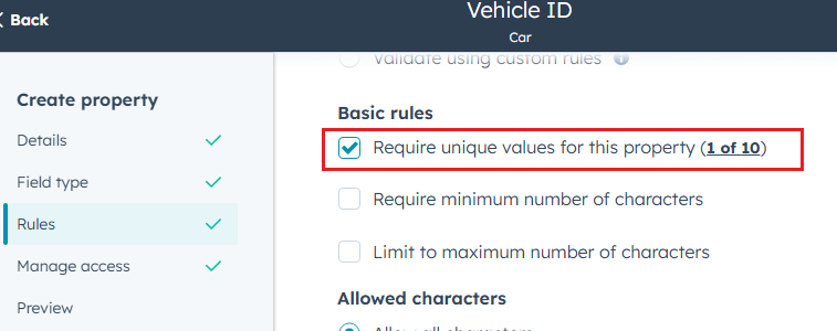 Checkbox to specify whether the property requires unique values